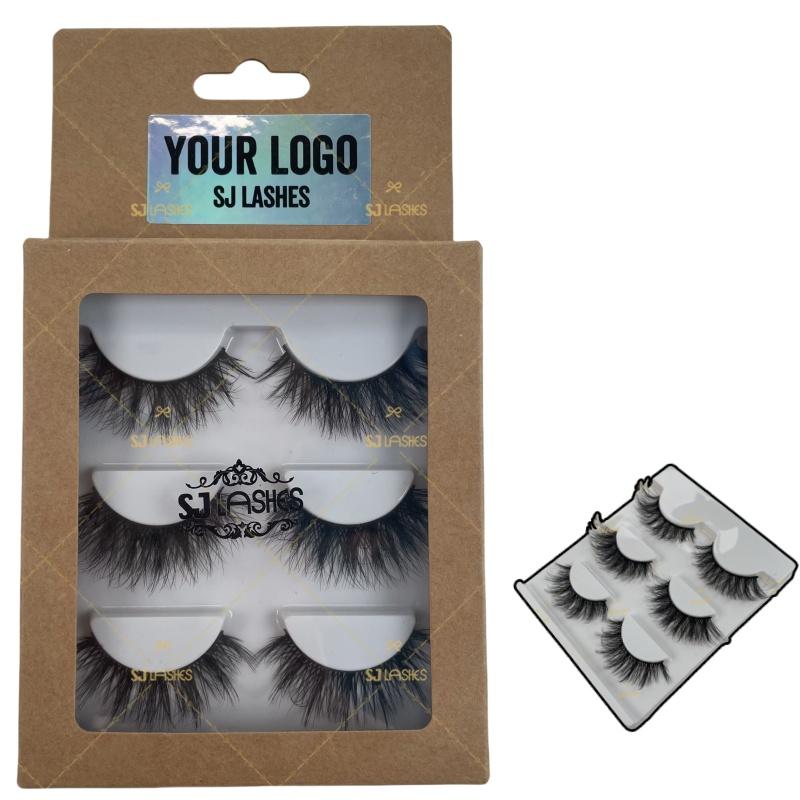 3 Pairs High Quality Strip Lashes Handmade Natural for Fluffy Mink Lashes Custom Logo Box Packaging
