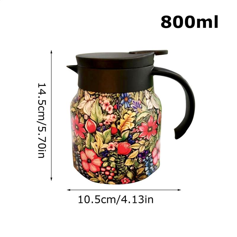 Tea Kettle 800ml Coffee Carafe Kettle Insulated Floral Pattern Teapot Stainless Steel Vacuum Thermal Pot for Brewing Filtering