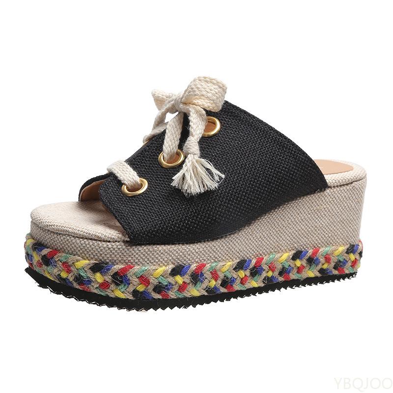 Women Summer Shoes 2026 Summer Lace Up Height Increase Wedge Slippers Women Plus Size Closed Toe Straw Platform Sandals Woman