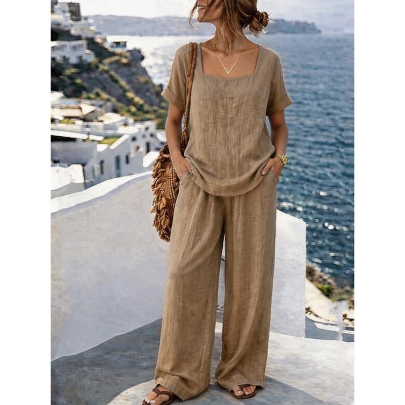 QICED Women's Fashion Casual Short Sleeve Square Collar Pants Suits