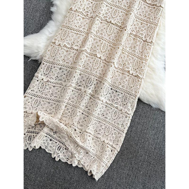 French Summer V Neck A- Line Crochet Cut Out Lace Long Dress