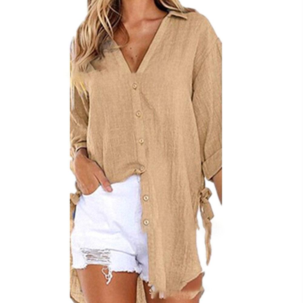 Women Casual Lace-up Button Lapel Shirt Loose Side Knotted Long Sleeve Shirt Plus Size