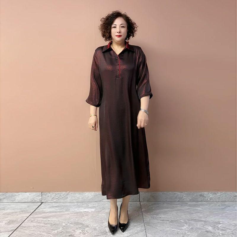 Women’s Silk Dress Summer Lapel Plus-size Dress Solid Color Soft Skin-friendly Breathable Silk Long Dress