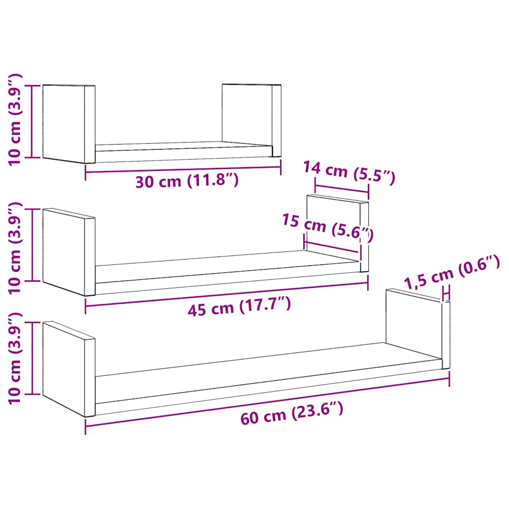 Wall Shelves (3 pcs) Black Oak Effect Wood Based Material