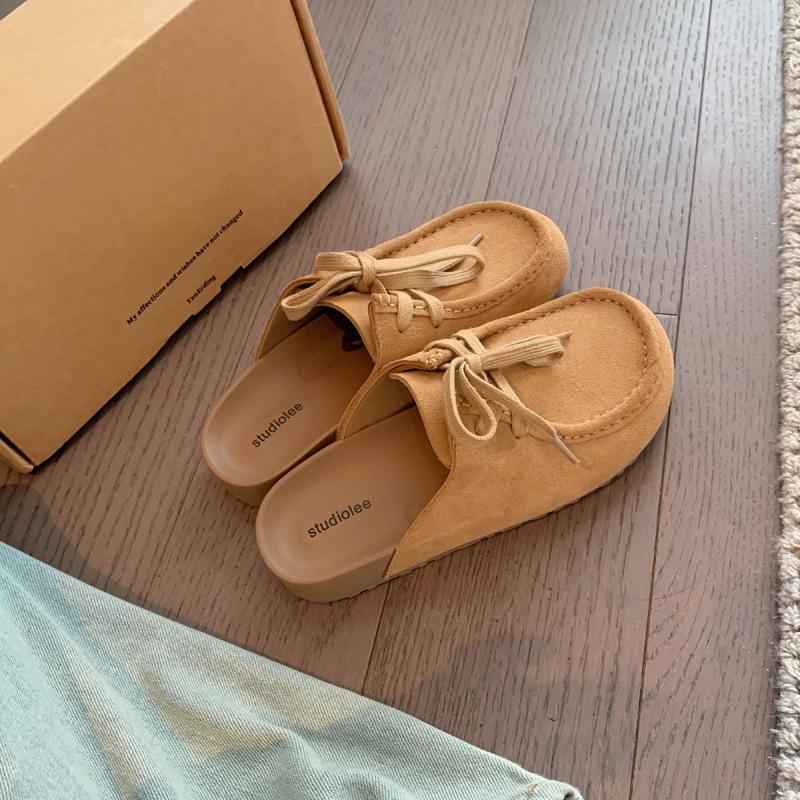 

Retro bag head lace-up leather one-pedal versatile half-slippers women 40 абрикосовий