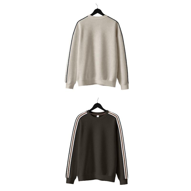 Loose Thin Seven Stripes Mens Waffle Crew Neck Casual Sports Breathable Sweatshirt