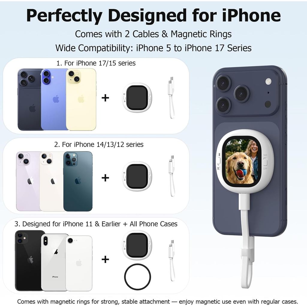 Wired Rear Camera Selfie Screen Monitor with Bluetooth Remote Magnetic & Plug Play for iPhone (Not Supported for Android)