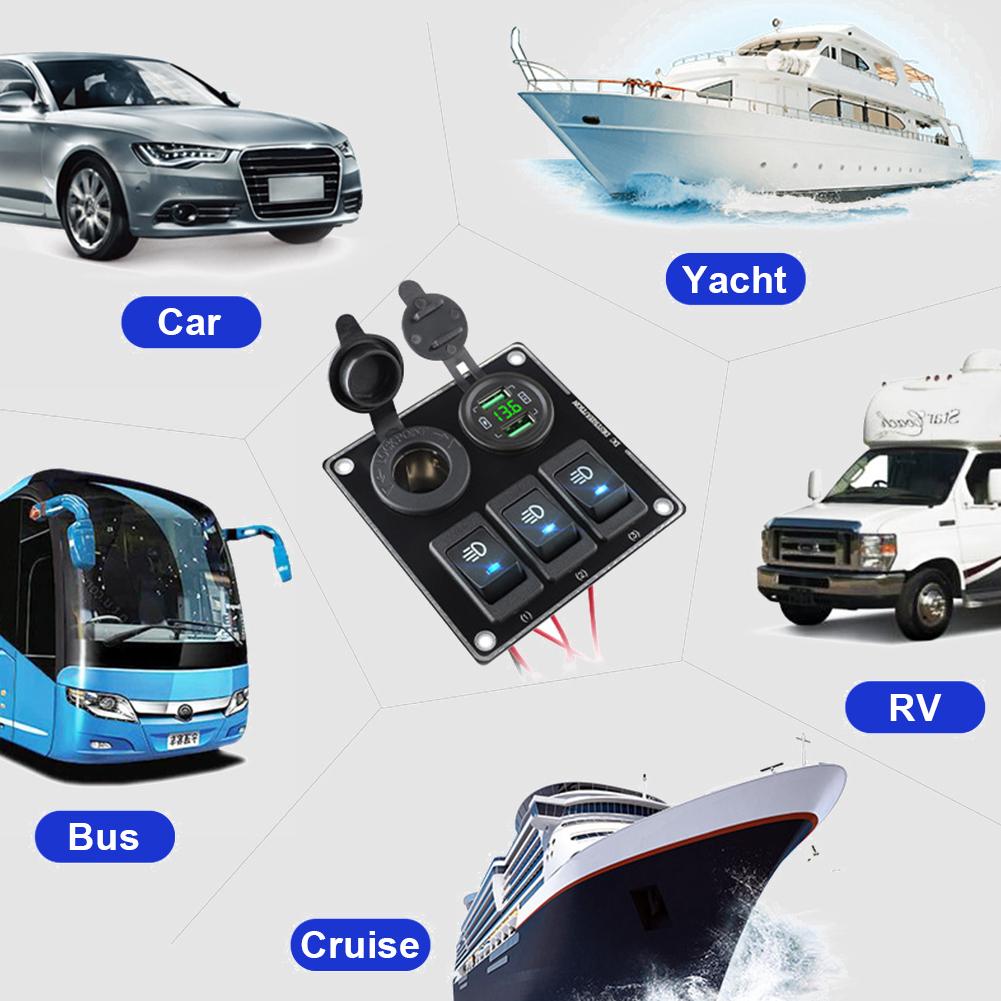 12/24V 3 Gang LED Rocker Switch Panel Boat Truck Car Lights Toggle Buttons Circuit Breaker USB Chargers Power Adapter Voltmeter