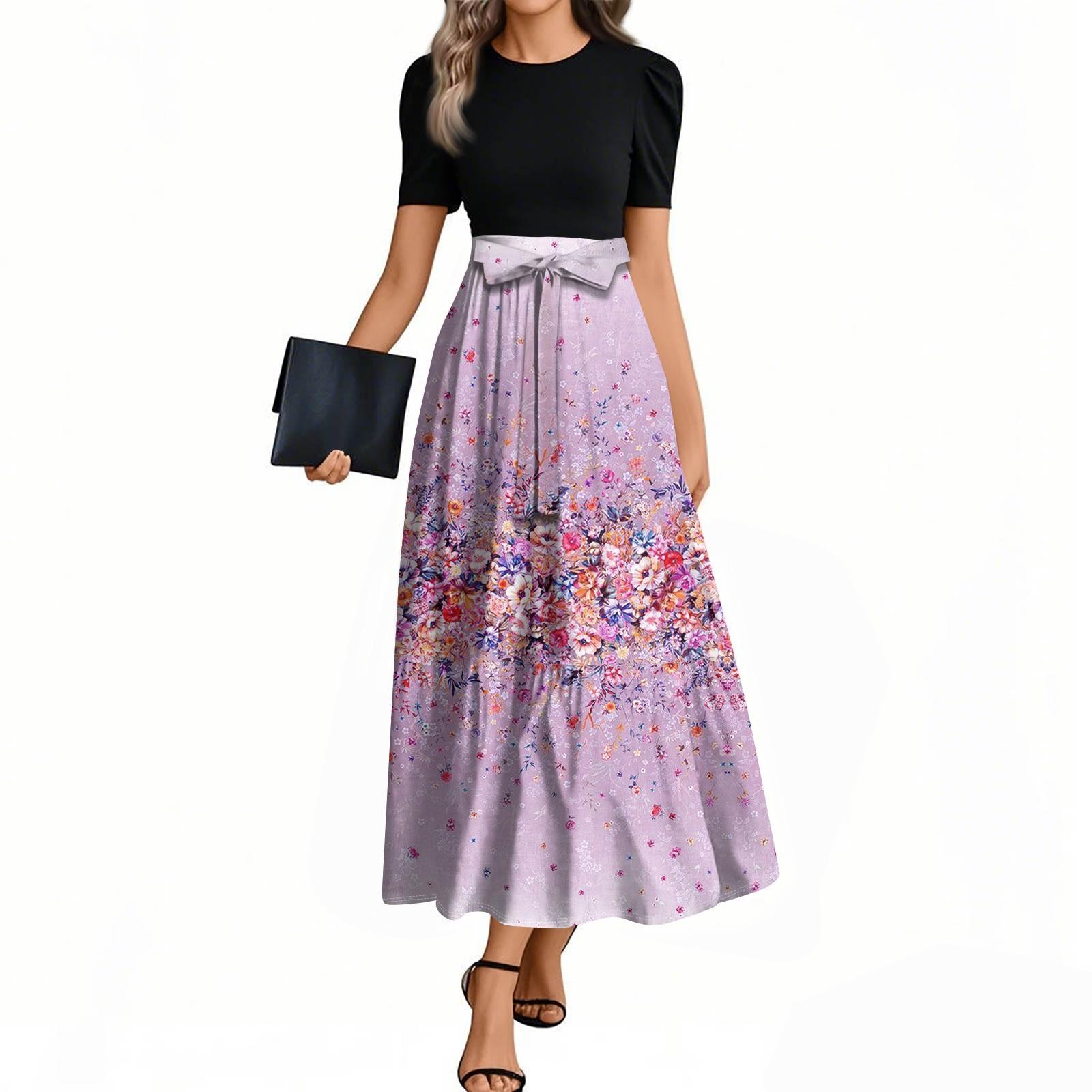 

Жіночі модні повсякденні сукні з поясом, короткими рукавами, круглим вирізом, геометричним зрощенням, елегантні темпераментні сукні S