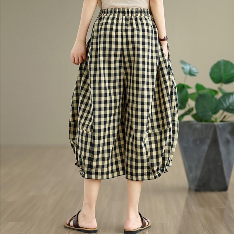 Rozmiar plus Vintage krata wysoki stan Casual luźne Lato szerokie nogawki Spodnie krzyżowe Kobiety Spodnie