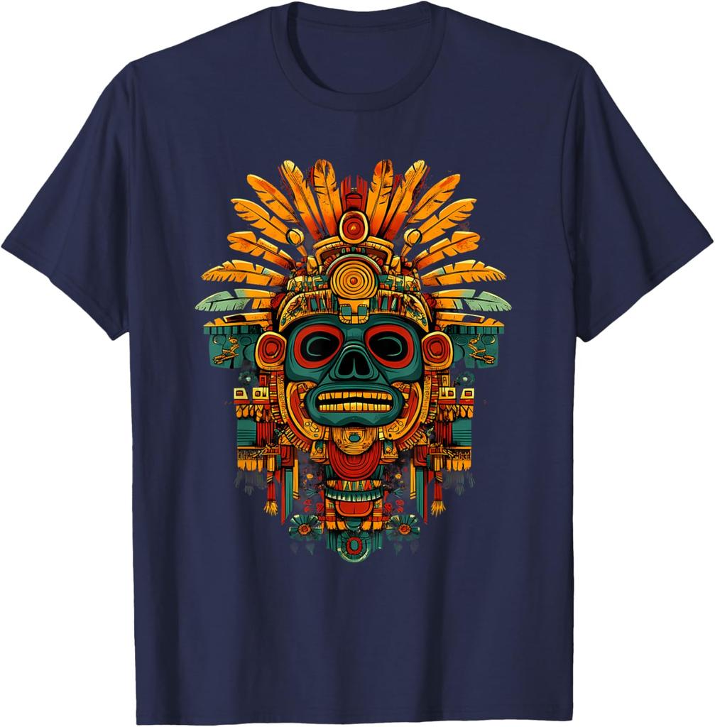 Aztekischer Maya Gott Schädel Kopfschmuck Grafik T-Shirt Herren Atmungsaktiv Kurzarm T-Shirt Lässiger Ausflug