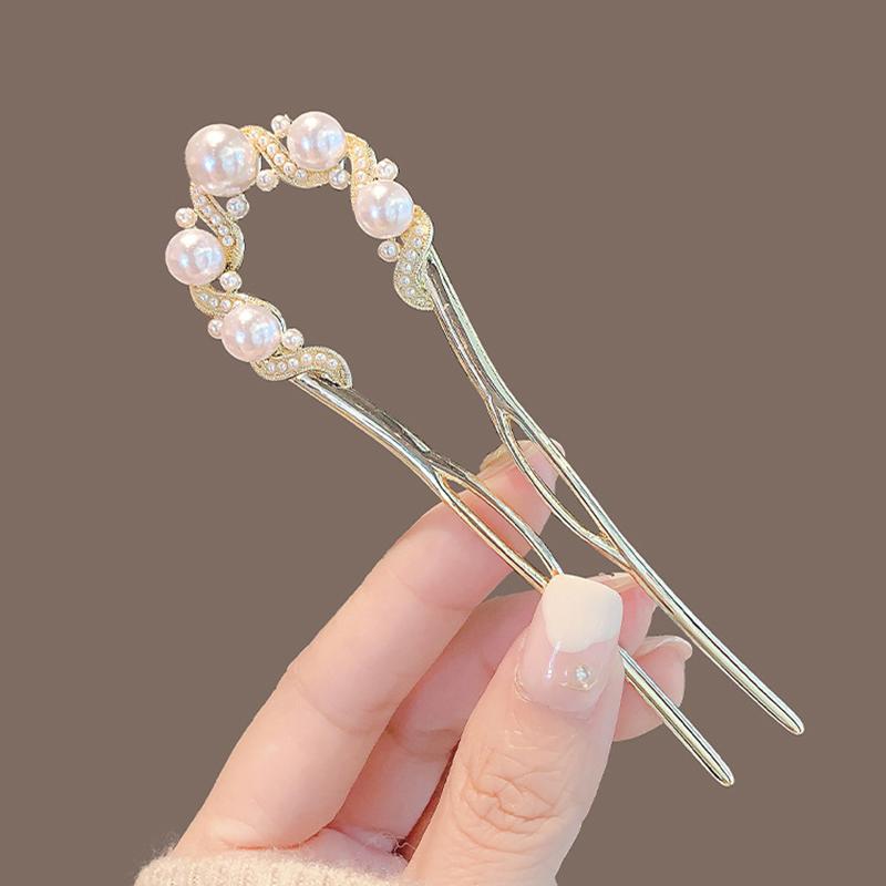 Elegant Temperament Minimalist Imitation Pearl Inlaid U-shaped Women Alloy Hairpin High-end Retro Cheongsam Hanfu Plate Hairpin