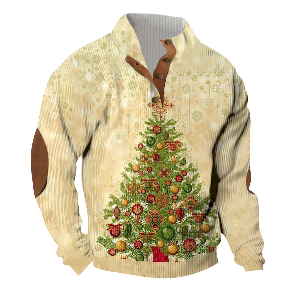 Christmas Print 3-button - Men's Stand Up Collar Sweatshirt, Outdoor Casual Hoodie With Buckle