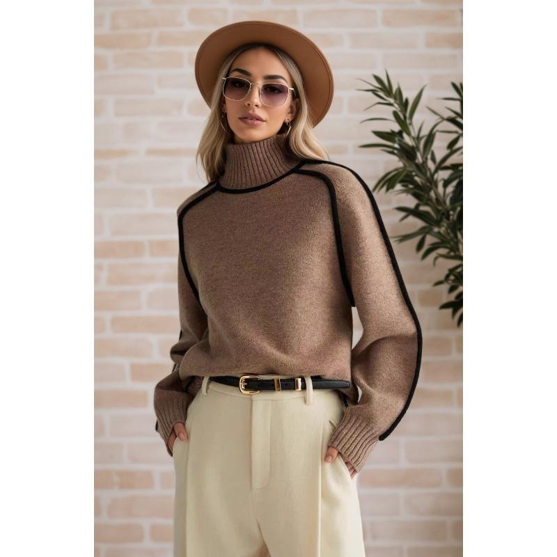 Womens Fall Fashion Vezfaa Casual Winter Colour Block Print Long Sleeve High Neck Sweaters