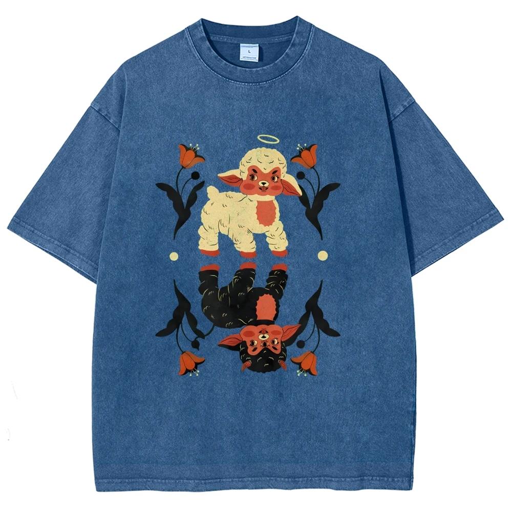 Cool Angel Demon Sheep T Shirts Unisex Washed Tees Men Women Short Sleeve T-shirts Cotton Streetwear T Shirts