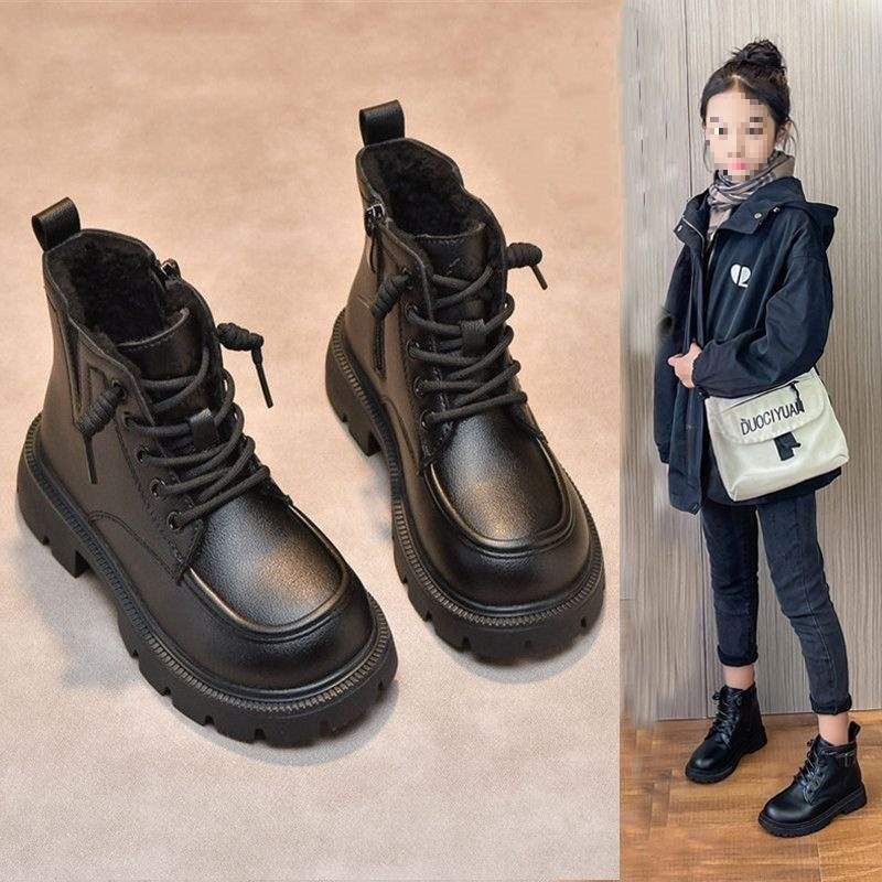 Girls Martin Girls Fleece Boots Autumn and Winter New Foreign Style Girls Single Boots Soft Sole Fleece Short Boots Boys Leather Boots