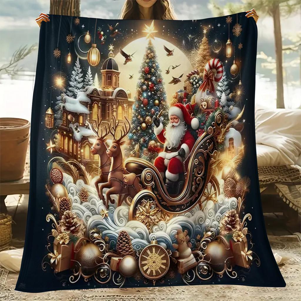Cozy Christmas Throw Blanket Holiday Decor Xmas Festive Santa Reindeer Fleece Plush Winter Polyester Home Decor Gift Idea