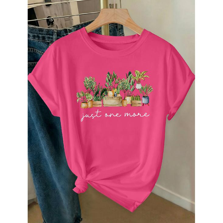 Elegant Women's Clothing with Green Plant and Potted Plant Prints, a High-value Gift, Round Neck, Short-sleeved for Spring, Summer, and Autumn T