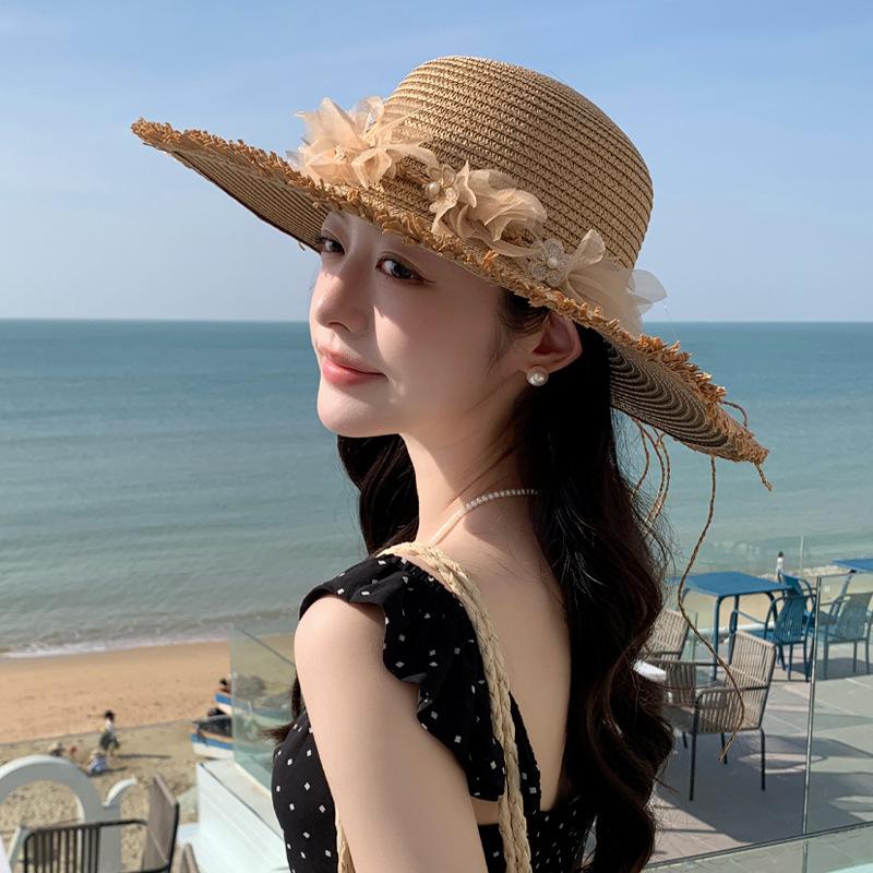 New Hat Women's Lace Flower Straw Hat Summer Big Brim Sunshade Sunscreen Hat Seaside Beach Sun Hat
