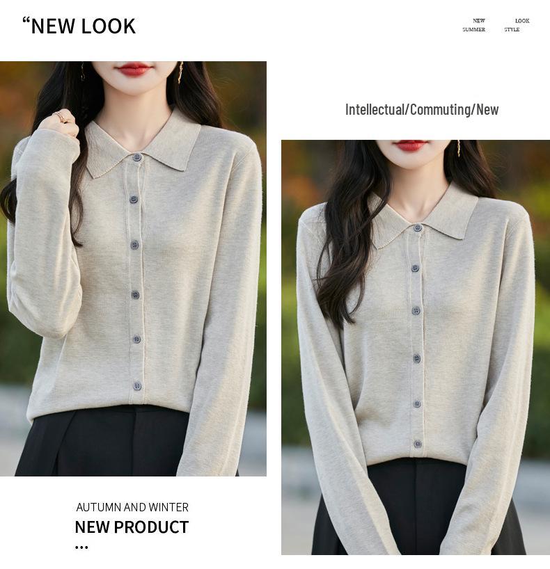 Women's Spring 2025 Lapel Cardigan Sweater - Knitwear Shirt Collar Base Layer or Outerwear Top