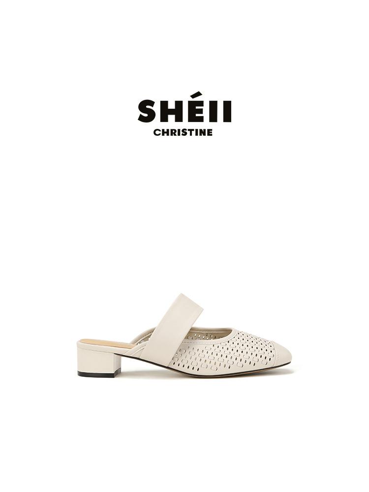 Su Yinyin's same square head woven hollow thick heel Mary Jane bag head slippers women's summer French lazy versatile sandals