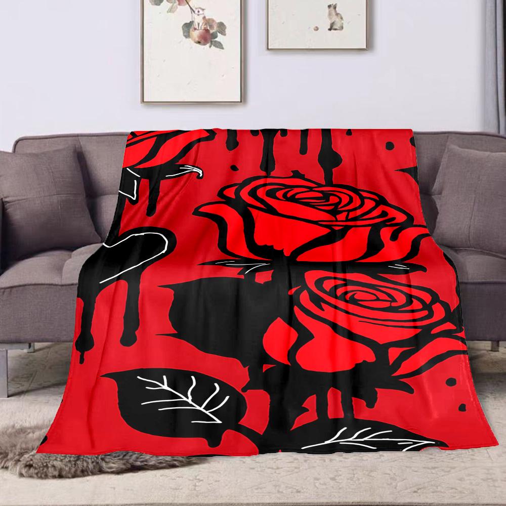 Red Roses with Black Dripping Design Patterned Flannel Blanket Perfect for the Bedroom Living Room, Sofa, or a Little Nap