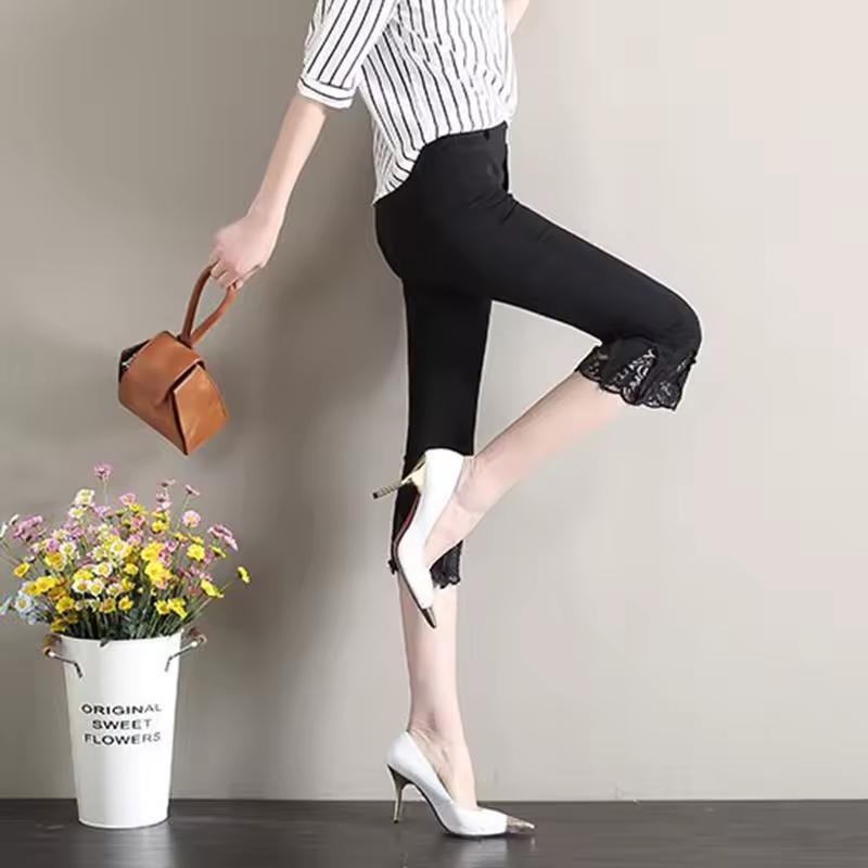 Women Summer Clothing Flare Capris Pants Thin Splicing Lace Elastic High Waist Solid Casual Slim Trousers