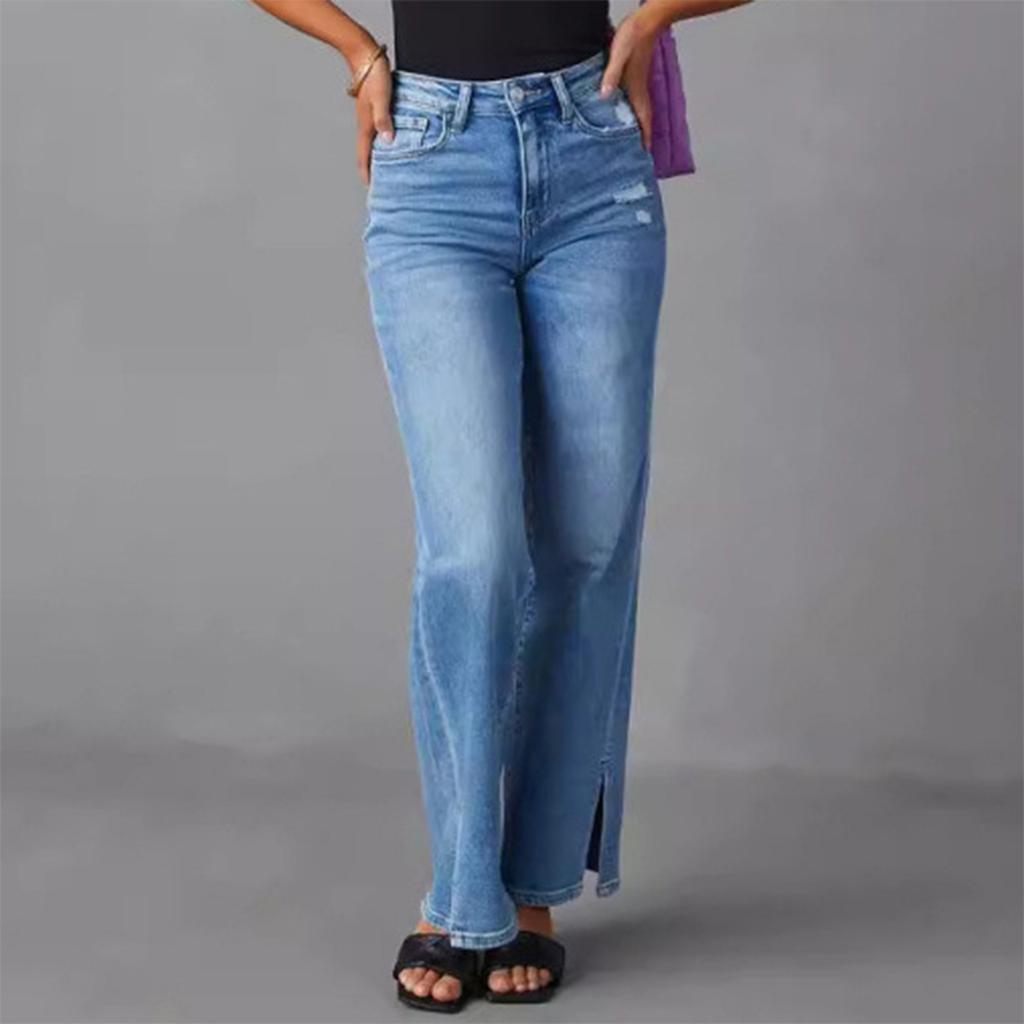 Women's High Waist Washed Women's Jeans Fashionable Versatile Straight Leg Pants