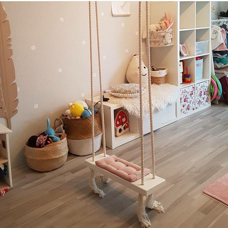 INS Style Kids Swing Chair: Solid Wood Seat with Cushion & Cotton Rope - Perfect for Bedroom Decoration & Baby Entertainment.