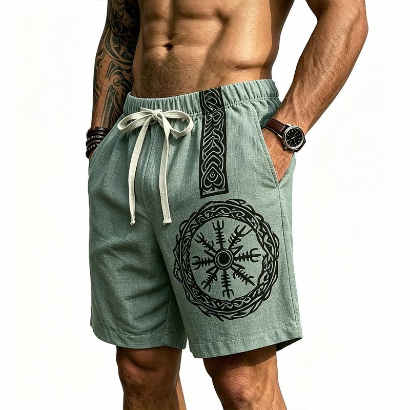 Men Nordic Viking Totem Print Drawstring Waist Casual Linen Blend Shorts