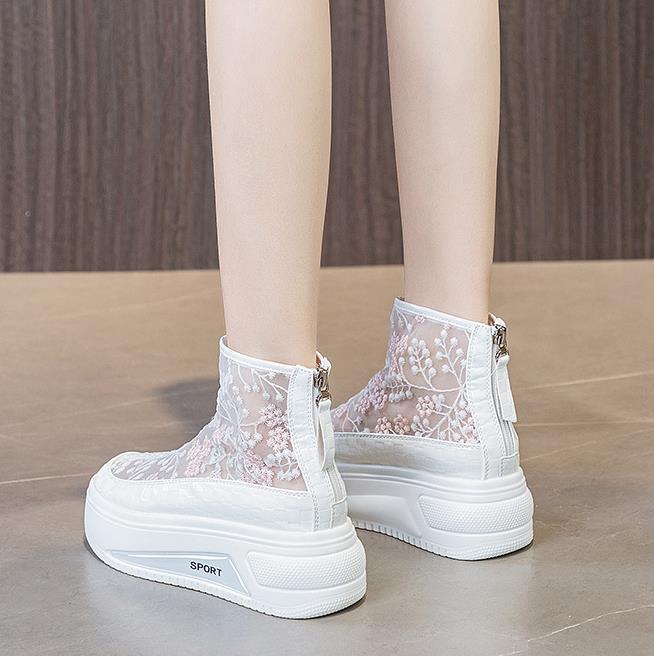 Fashion High Quality 6CM Air Mesh Lace Women Boots Platform Sandals Women Summer Shoes Breathable Zip Women Ankle Boots Spring Fashion