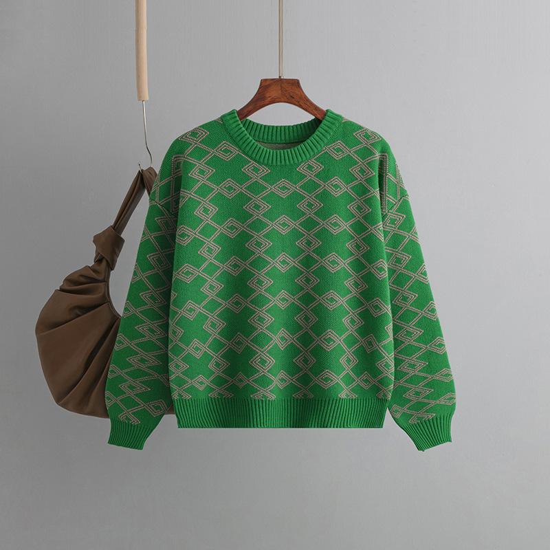 Suéter feminino de manga comprida jacquard para outono e inverno, gola redonda solta e versátil