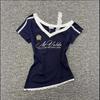 Millennium Style Gothic  Waist Splicing Lace Strap Short Sleeve T-shirt for Women Summer Navy Blue Slim Fit Top