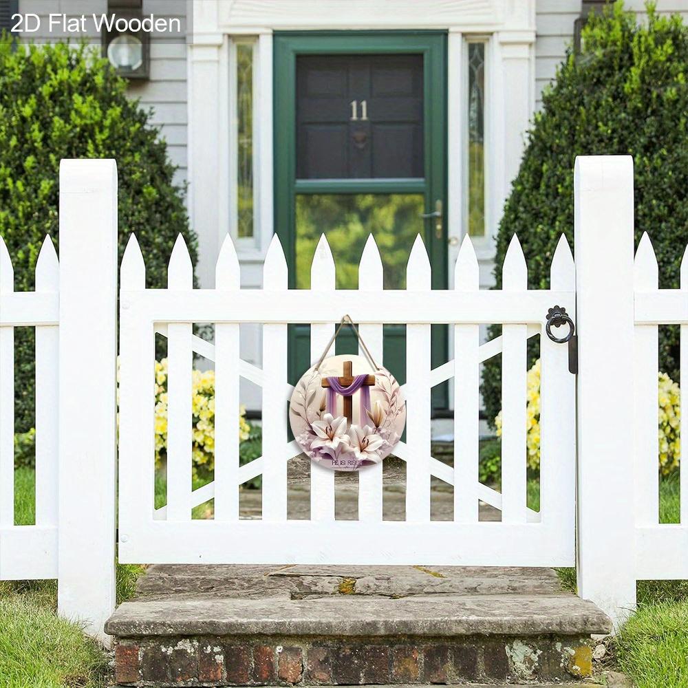 2D Flat, 1pc Easter Sign White Lily Flowers and Cross Wooden Ornaments 7.87x7.87inch Round Wall Art Decor Plaque Easter Decoration Perfect for Front