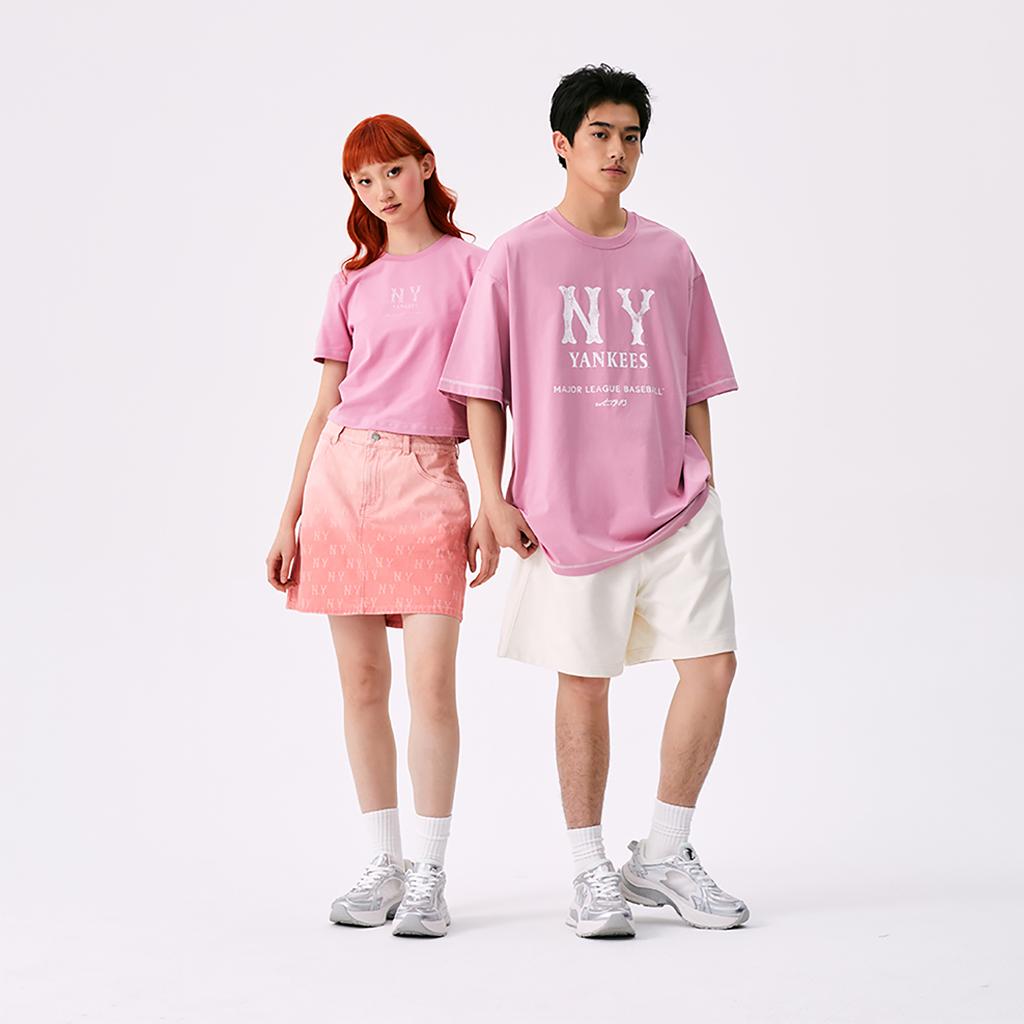 New MLB MONOGRAM Collection New York Yankees SS25 Denim Short Skirts Women's Pink 3FDSM0253-50PKS