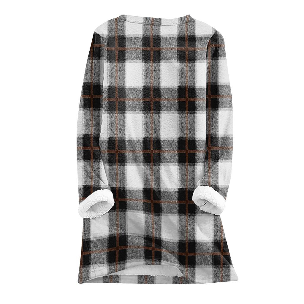 Women's Fashion Plaid Print Round Neck Long Sleeve Plush Winter Warm Pullover Top