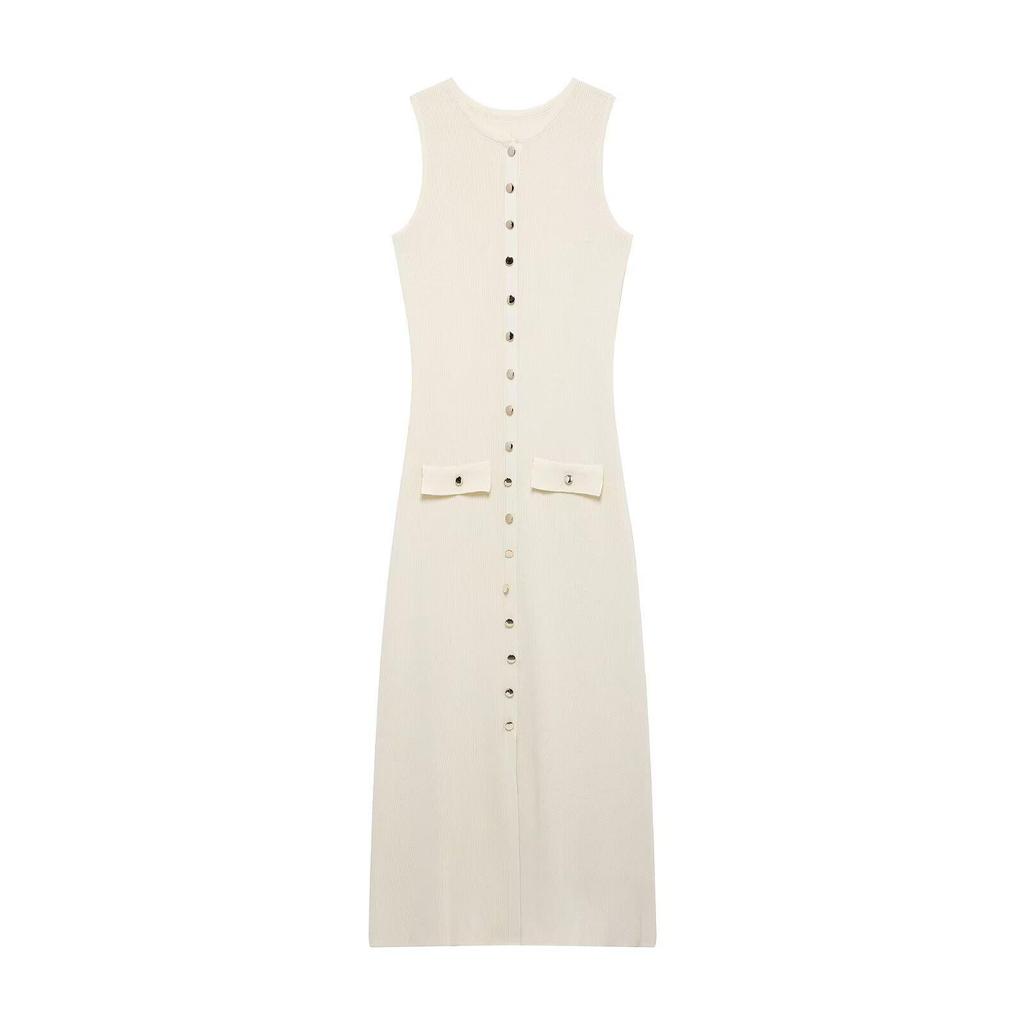 2025 Spring Women's European & American Slim Knit Sleeveless Single-Breasted High-Waisted Dress