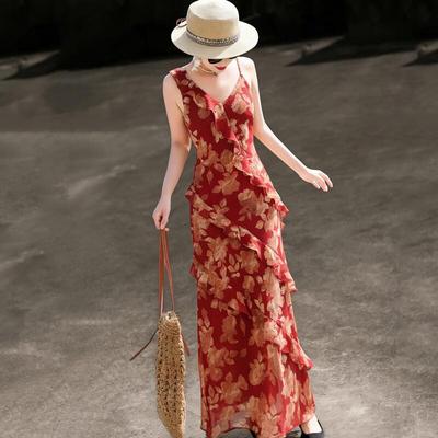 Französisches Rüschen-V-Ausschnitt Chiffon Resort-Kleid
