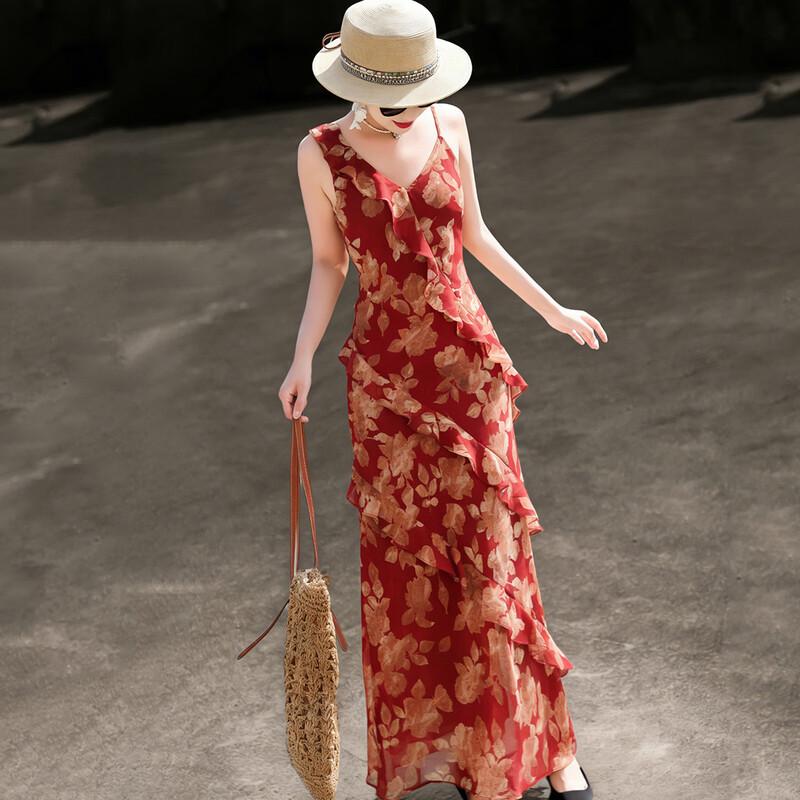 French Ruffle V-Neck Chiffon Resort Dress M