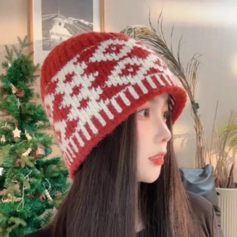 Korean Internet Celebrity Blogger Rhombus Jacquard Knitted Hat Women's Winter Thickened Warm Pullover Hat Cold Ear Protection Wool Hat