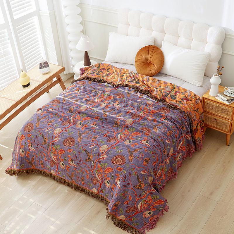 LISM Summer Gauze Throw Blanket with Tassel & Floral Print