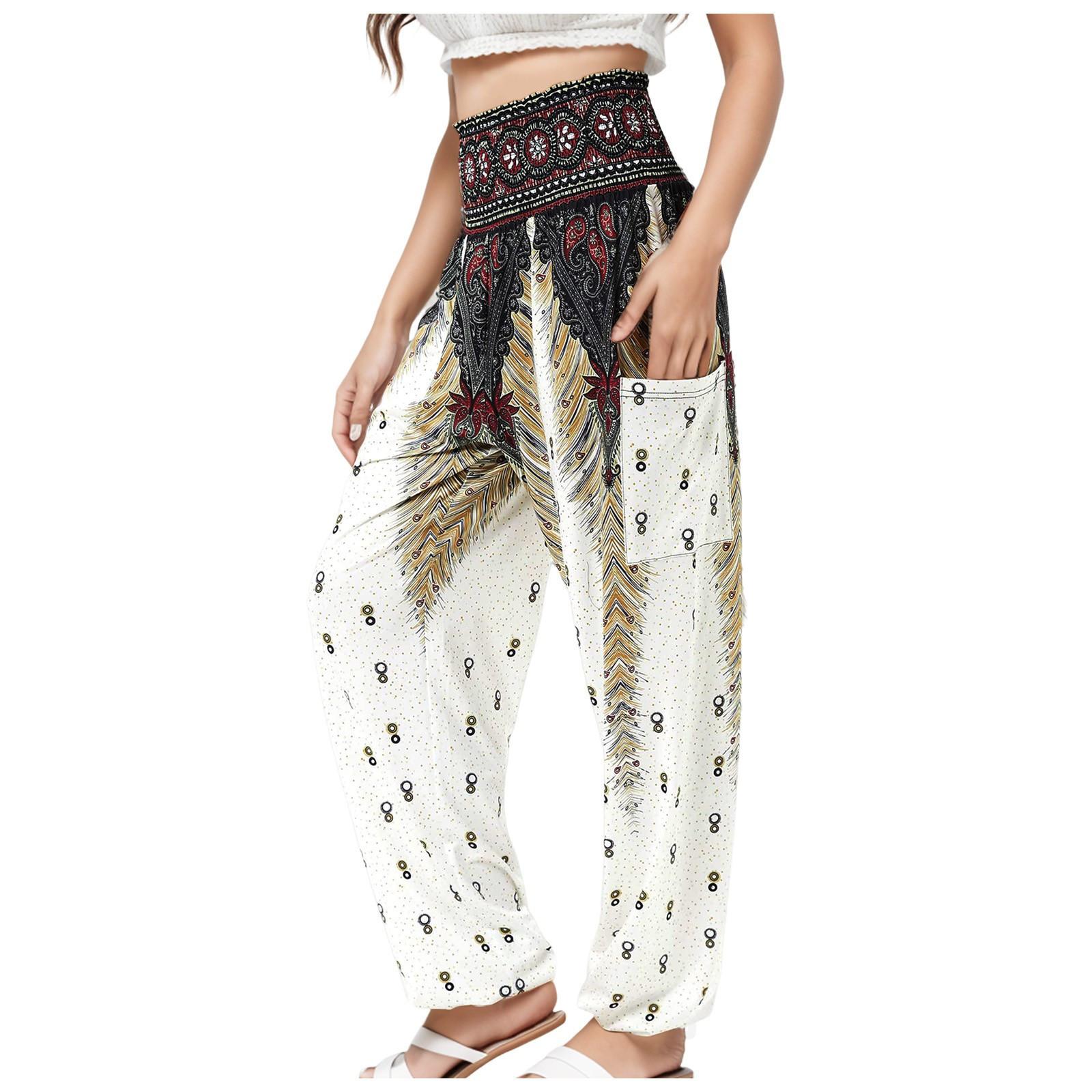 Women s Casual Flare Pants with Striped Digital Print – Trendy Boho Style S белый