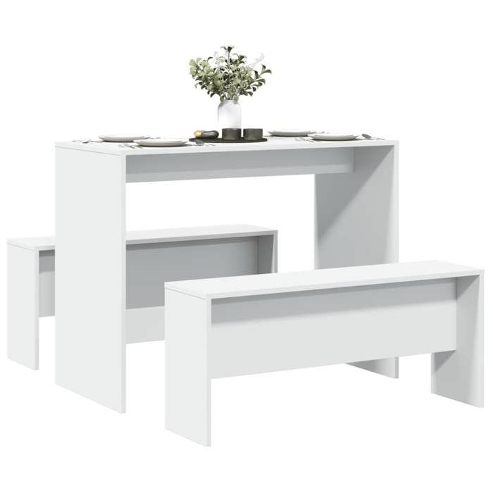VidaXL Ensemble table à manger et bancs 3pcs blanc bois d'ingénierie, ensemble de table à manger, table à manger avec bancs, 855530