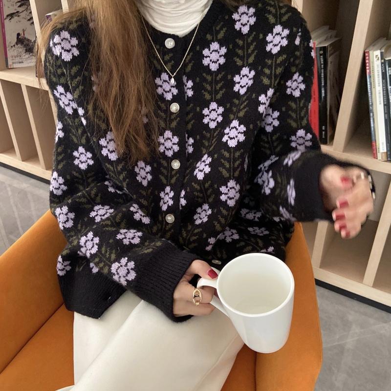Autumn Cardigan Women Korean Winter Elegant Printed Cold Blouse Fashion Clothing Sweater Flowers Knitted Sweater Cardigan Y2K Streetwear