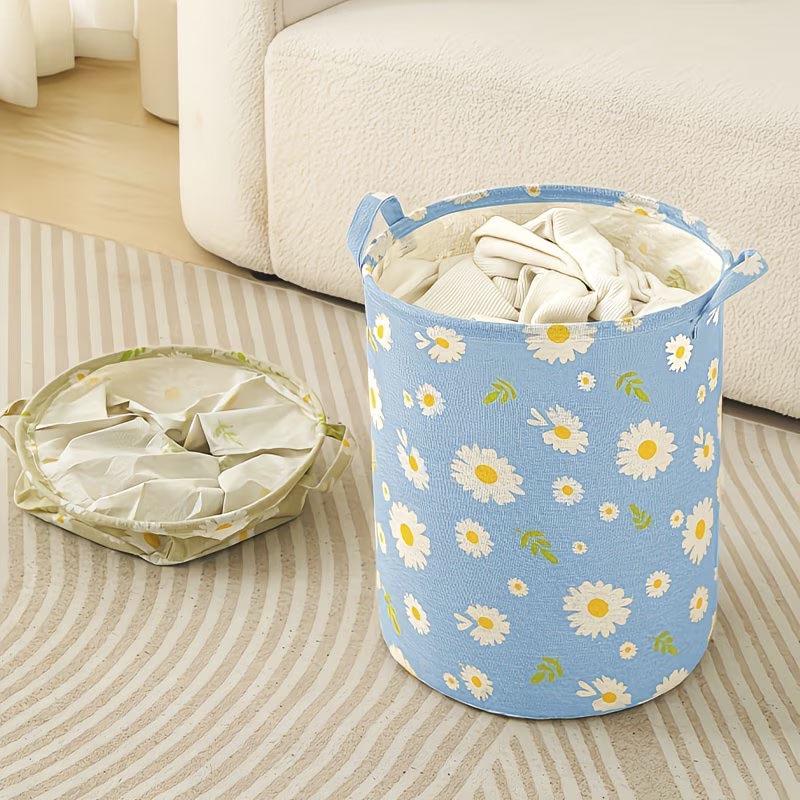 Light Blue Foldable Fabric Laundry Basket with Daisy Floral Design