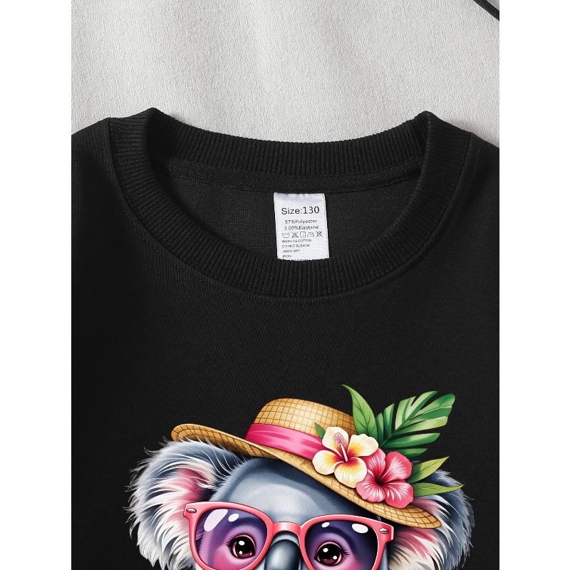 Girls' Crewneck Sweatshirt Koala with Hat And Fashion Glasses Holding Machine Washable, Spring And Autumn, Sportswear And Casual Wear