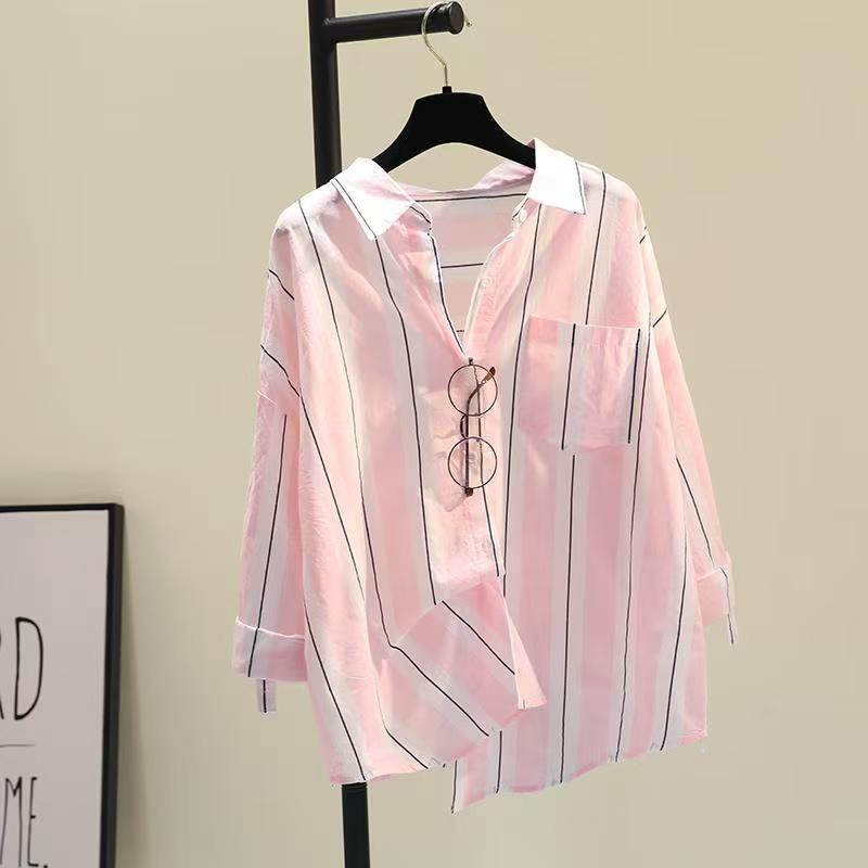 Women Loose Striped Long Sleeve Casual Shirt Blouse Outerwear S розовый