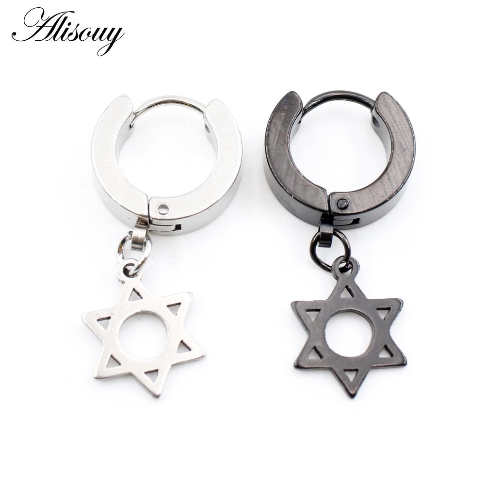 Alisouy 2PCS Stainless Steel Star Cross Snake Spike Skull Sword Blade Chain Feather Spider Dangle Women Men Huggie Hoop Earrings