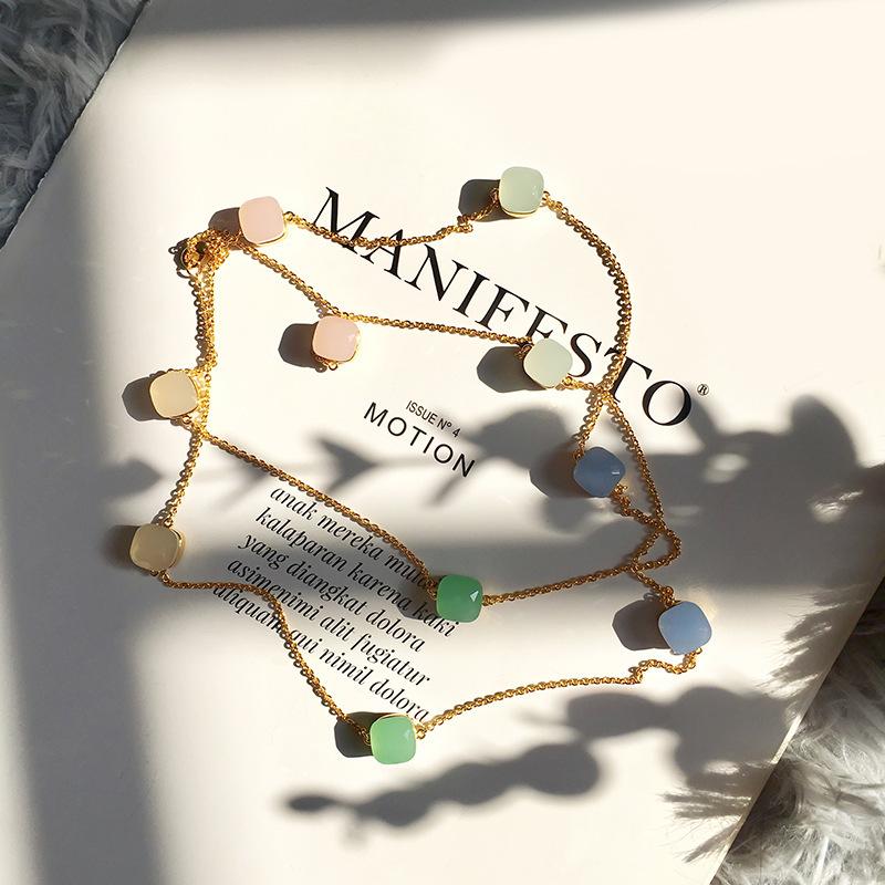 Fashion Beaded Necklaces Long Sweater Chain Necklace Faceted Colorful Candy Fruit Sugar Pendant Crystal Necklace Stainless Steel