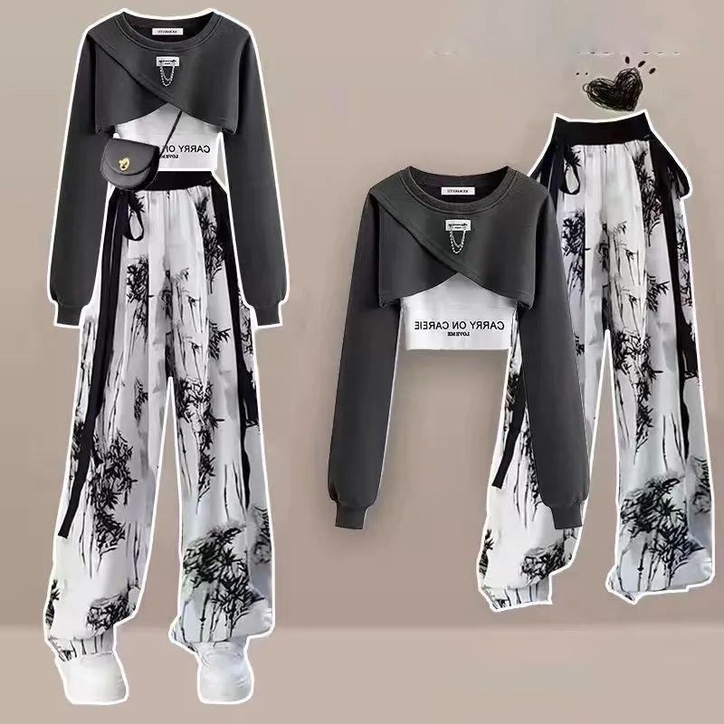 Lente Herfst Dames Mode Crop Sweatshirt Letter Sling Print Broek 1 of 3 Delige Set Dames Cool Streetwear Outfits Tops Broeken